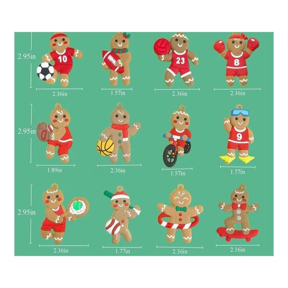 Set Of 12 Gingerbread Man Mini Ornaments Sports Theme Plastic Mini Tree Holiday - Picture 3 of 5